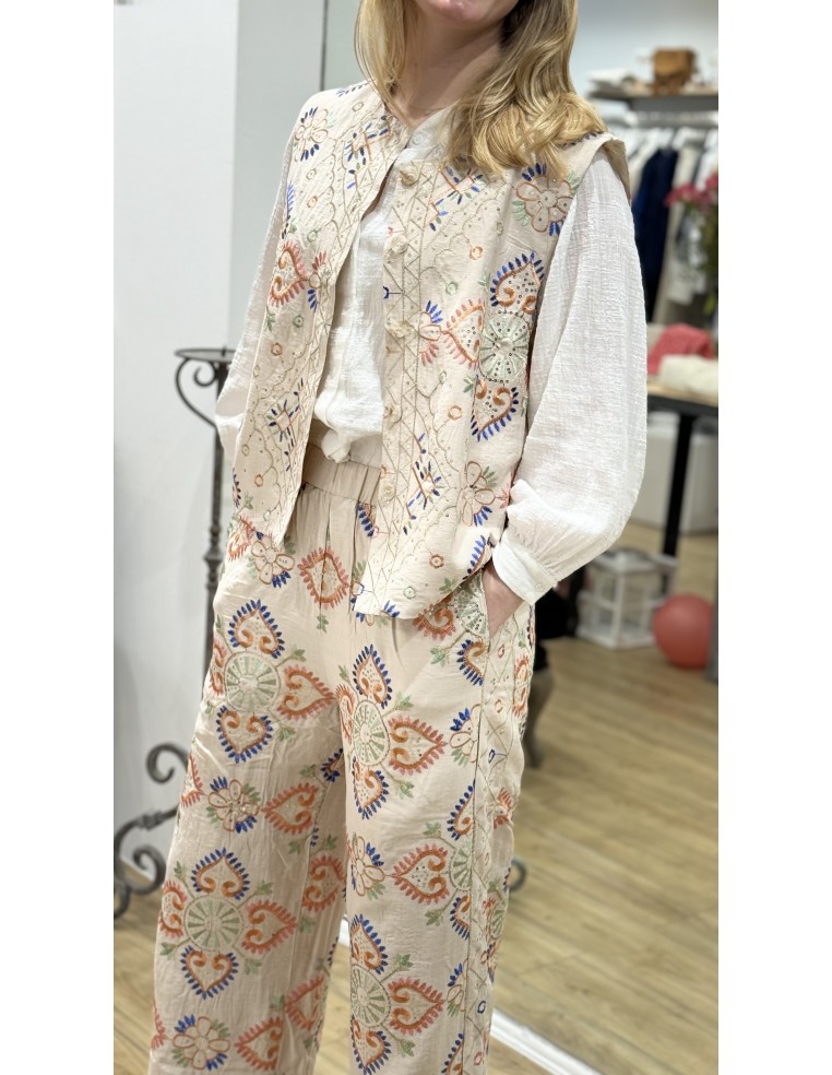 Pantalon brodé multico.